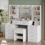 Yanosaku 55'' W Makeup Vanity with Mirror & Lights, 10 Drawers Vanity Desk with Charging Station, 6 Open Shelves, 3 Lighting Modes Brightness Adjustable, Glass Top Vanity with Chair for Bedroom, White