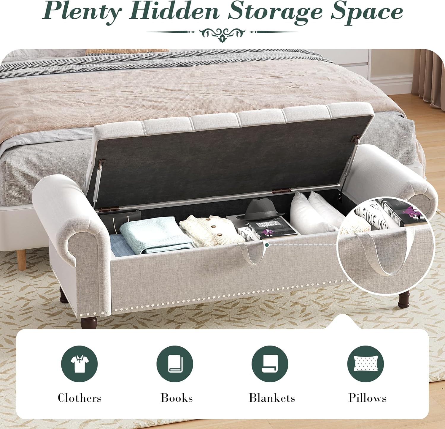 Apicizon 51” Bench with Storage, Upholstered Tufted Button Bedroom Bench with Storage, Linen Ottoman Bench for Bedroom, Living Room, Entryway, Light Gray