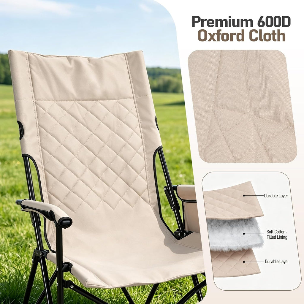 Folding Camping Chair, High Back Padded Portable Camp Chair with Storage Bag, 600D Oxford Fabric Comfortable Chair for Outdoor Camping, Beach, Fishing (Beige)