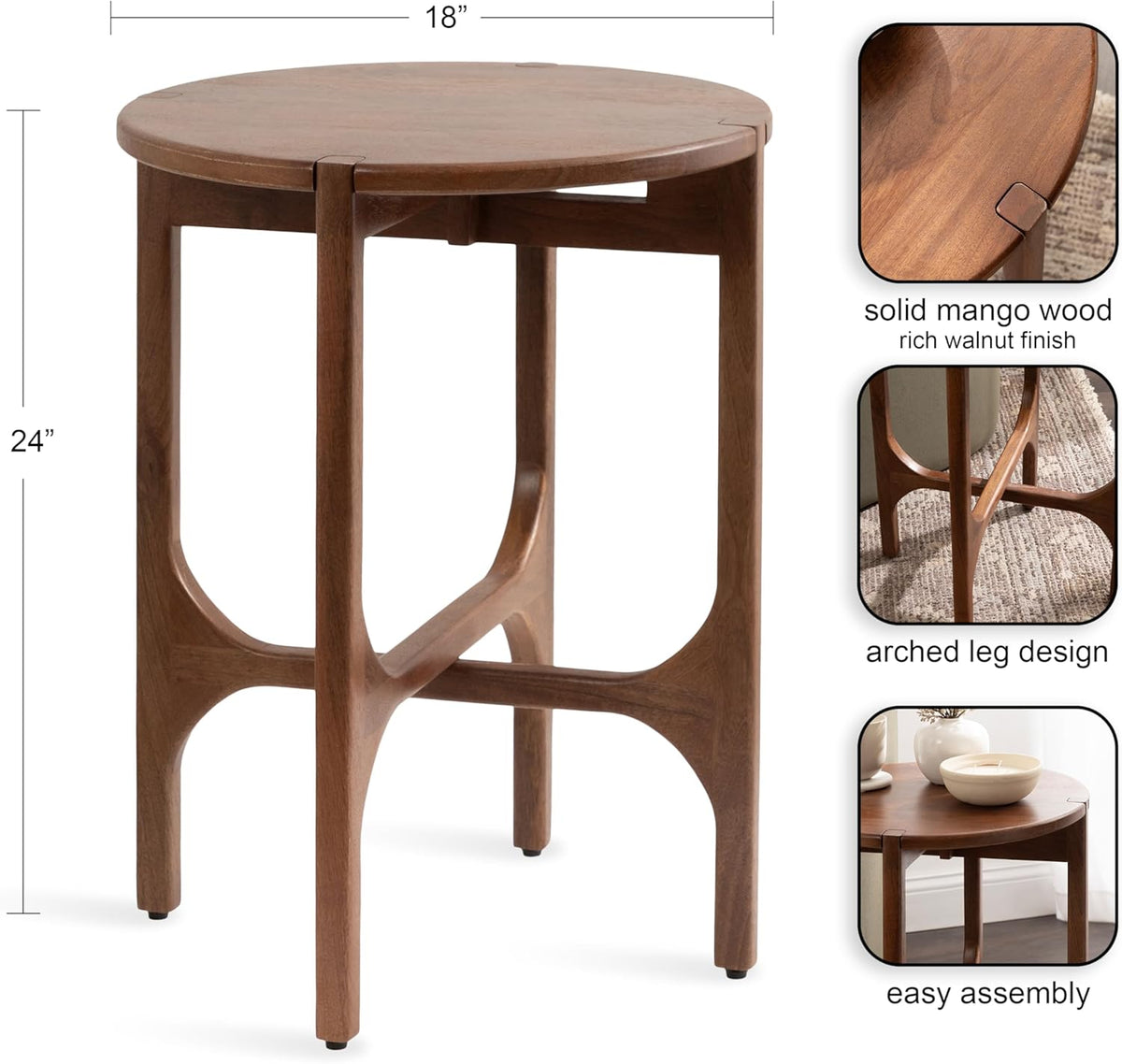 Kate and Laurel Kroscove Modern Geometric Mango Wood Round Side Table, 18 x 18 x 24, Walnut Brown, Transitional Wood End Table for Use as Bedroom Nightstand or Living Room Decor Piece