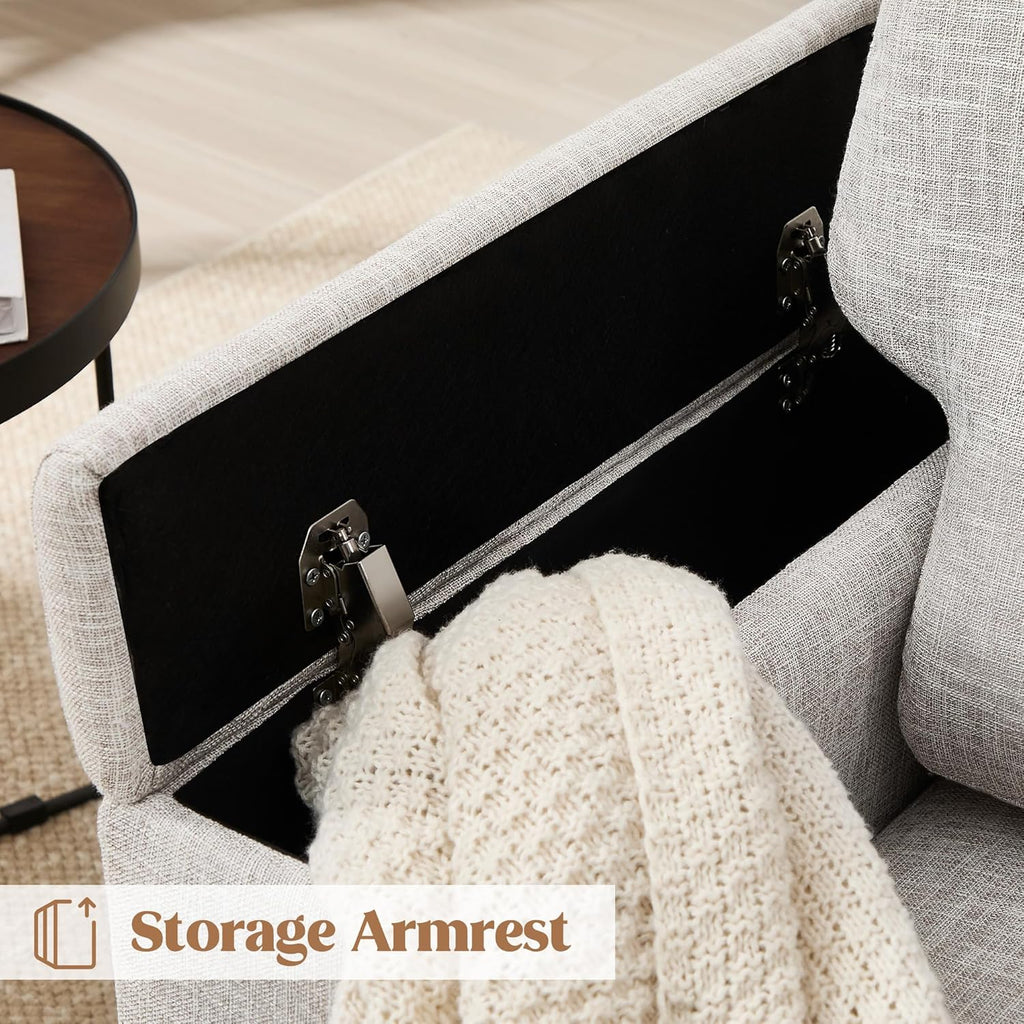 Accent Chairs Set of 2 with Armrest Storage, Modern Reading Living Room Chair, Upholstered Comfy Large Armchairs, Fabric Single Sofa Chair for Bedroom (Beige)