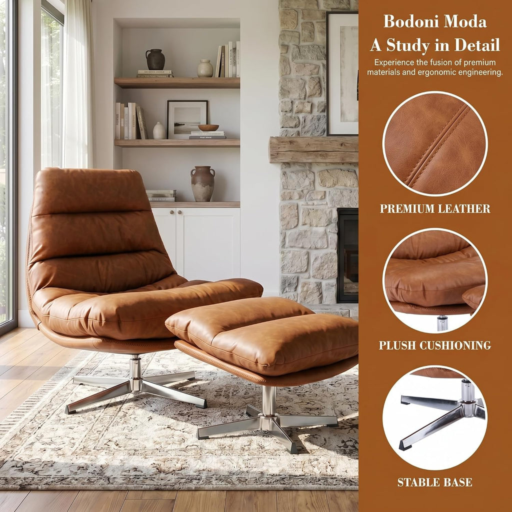 HNY Brown Swivel Lounge Chair with Ottoman Modern PU Leather Accent Chair with Footrest 33'' Wide Oversized Armless Upholstered Reading Chair with Footstool for Living Room Bedroom Comfy