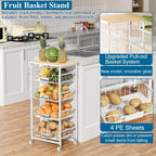 OKZEST 5-Tier Kitchen Storage Cart with 4 Upgraded Drawer Basket & Wood Top | Mobile fruit basket stand with 4 PE liners, Rolling kitchen pantry organizers, Holds potato, onion, drink, can, snack, veggie
