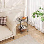 Sofa Side Table, 2-Tier Metal Frame Glass Top End Table on Wheels, Round Beside Tables with Storage Basket and Handle, Space Saving & Easy Assmable