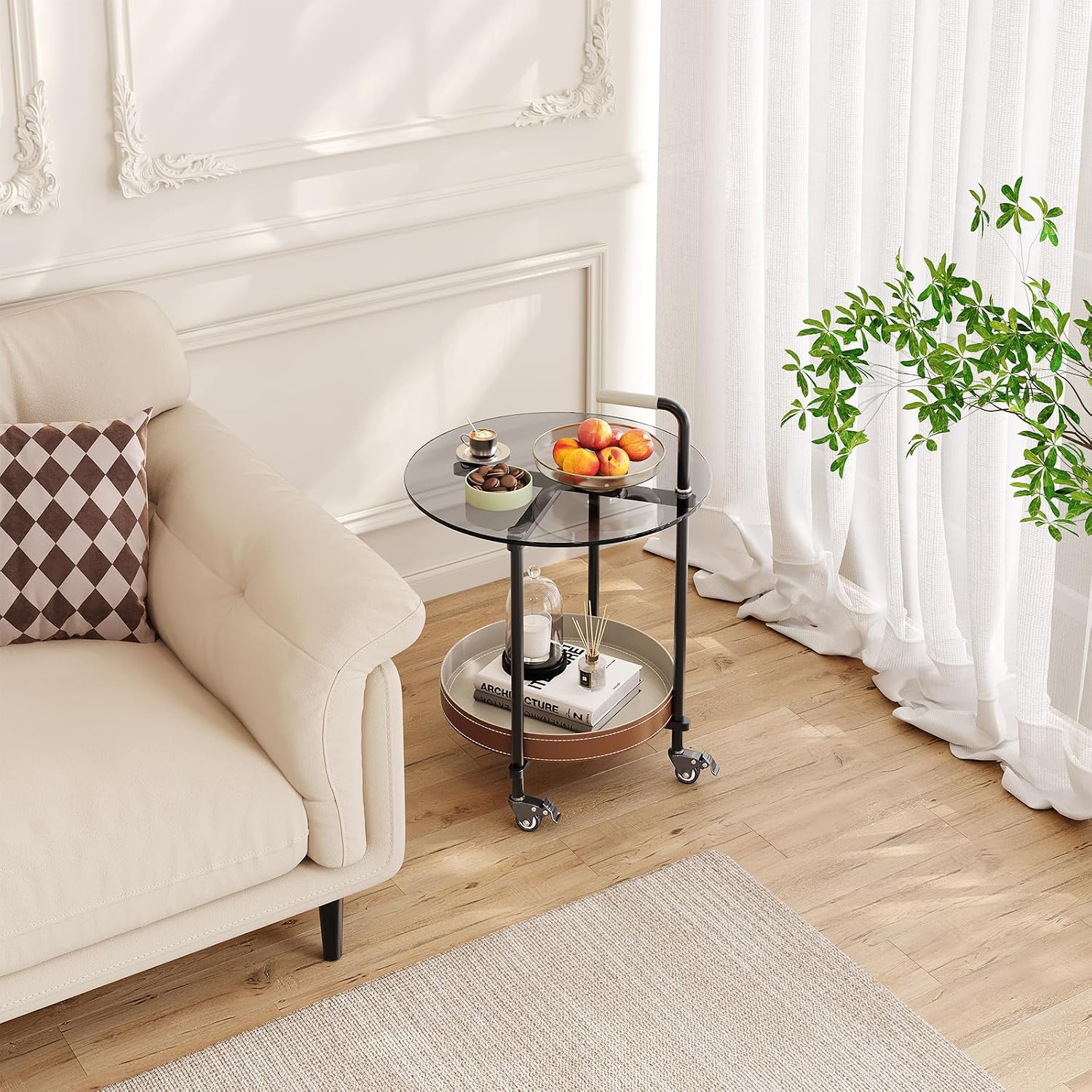 Sofa Side Table, 2-Tier Metal Frame Glass Top End Table on Wheels, Round Beside Tables with Storage Basket and Handle, Space Saving & Easy Assmable