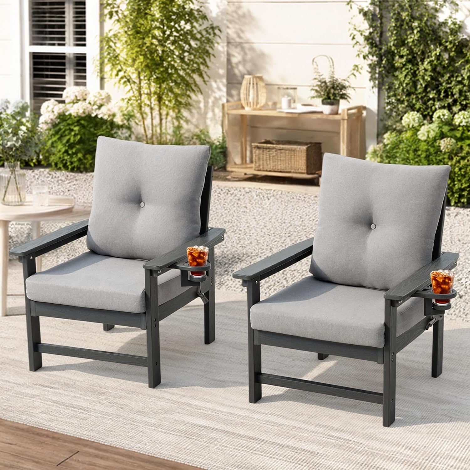 HDPE Patio Armchairs Set of 2 w/Cup Holeder, Outdoor Sectional Couch w/Thick Gray Cushions, Deep Seating Single Sofa for Garden, Deck, Front Porch, Grey