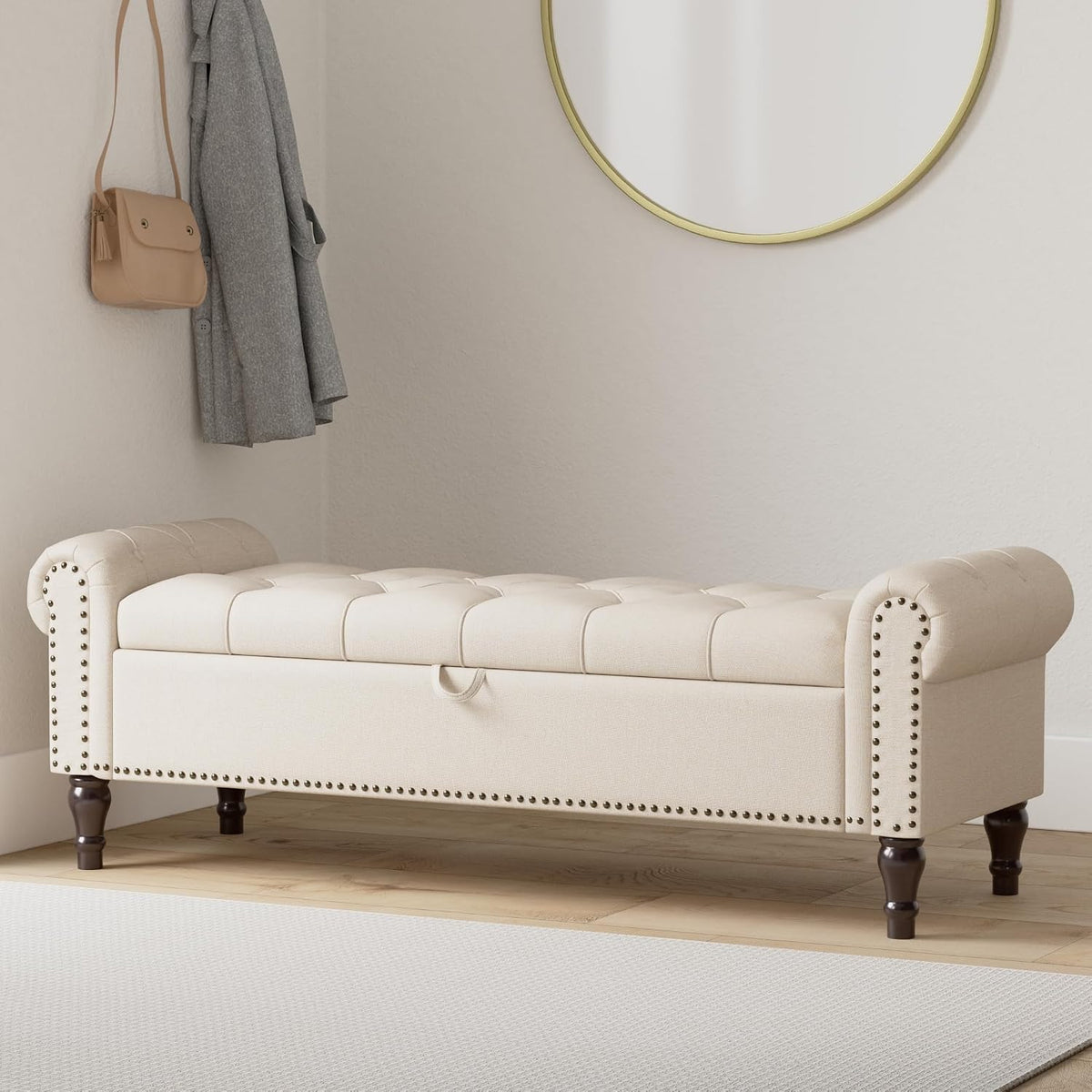 Cozyman Storage Bench Ottoman, 61" Long King Linen Rolled Arm Bedroom End of Bed Bench, Window Bench with Button Tufted and Nailhead Trim for Foot of Bed Bench, Bedroom, Entryway, Living Room, Wheat
