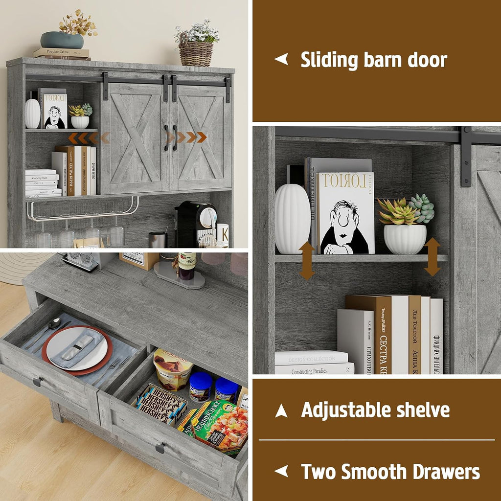 Vabches 67.7 Inch Farmhouse Pantry Storage Cabinet with Sliding Barn Doors, 2 Drawer Farmhouse Coffee Cabinet with Adjustable Shelf, Side Board with Buffet Cupboard for Kitchen, Livingroom.Gray
