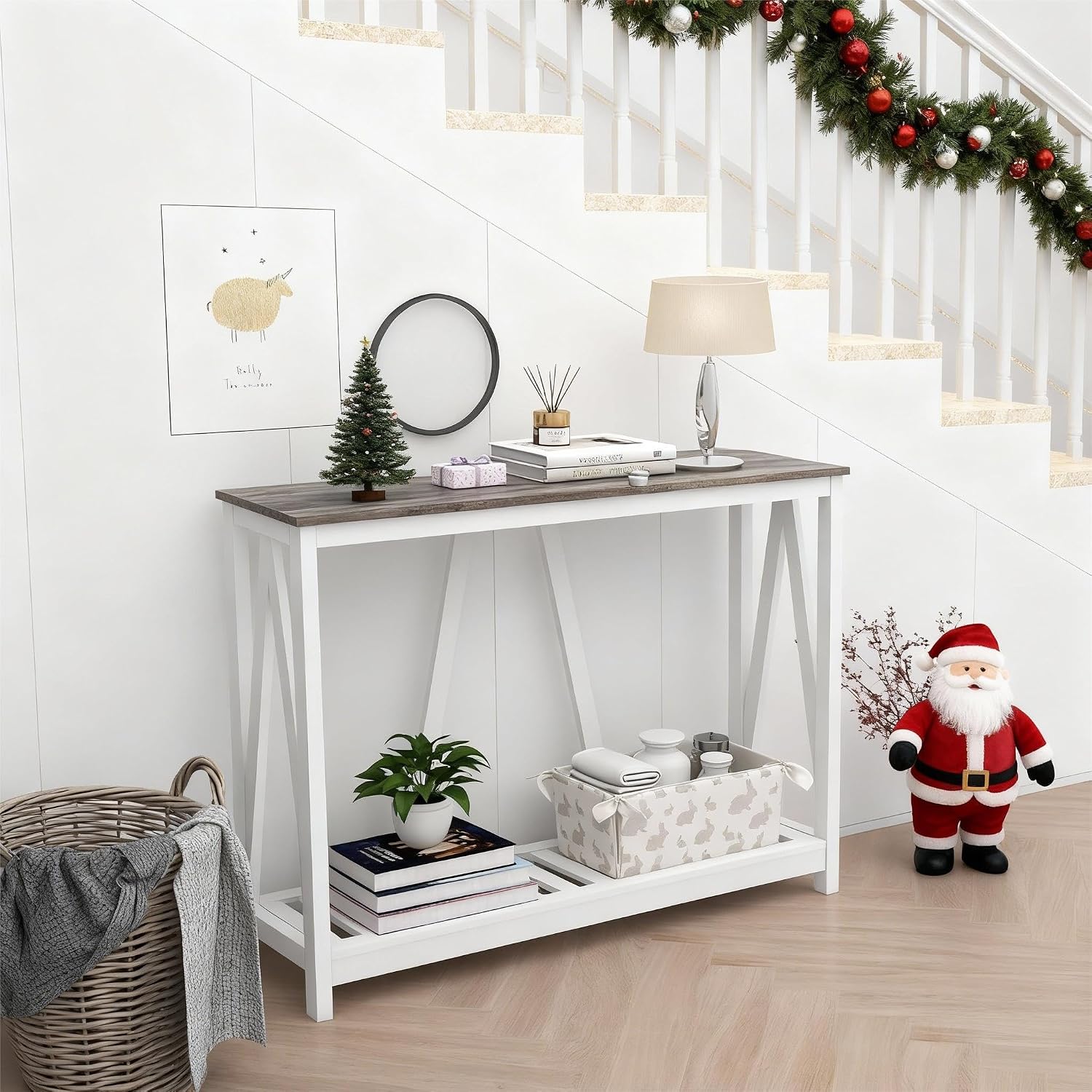 Entryway Table, 39" Farmhouse Console Table with Shelf Narrow Foyer Table | | 2-Tier Open Shelf,V-Shape Anti-Tip Legs,Slim Narrow Design,Sofa Table Use,Two-Tone Finish,30-Min Easy Assembly,Oak Grey