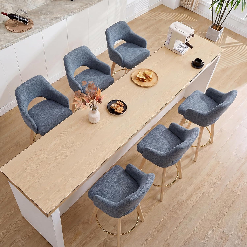 Zesthouse Swivel Counter Stools Set of 4, Wooden Counter Height Bar Stools | 26" Farmhouse Counter Stools with Back & Arm, Upholstered Linen Fabric Barstool with Solid Wood Leg, Blue Island High Chairs