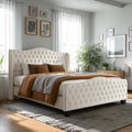 King Size Bed Frame with Tall 51.2" Wingback Headboard, Luxury Platform Bed with Velvet Upholstered Footboard, Deep Button Tufted, Nailhead Trim, No Box Spring Needed, Easy Assembly, Cream