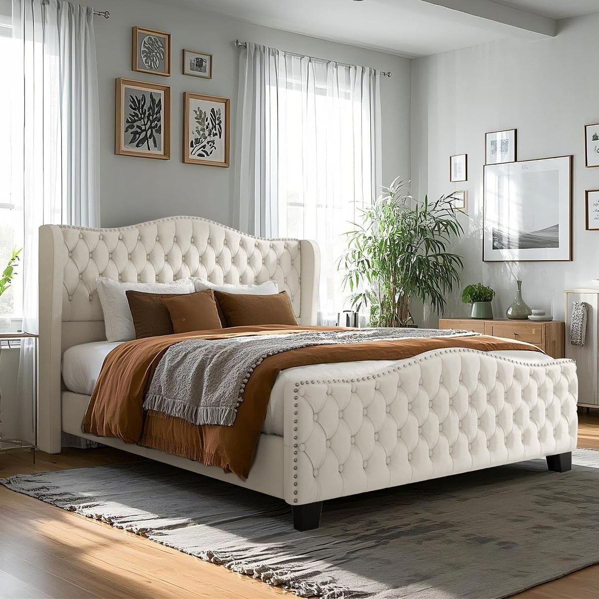 King Size Bed Frame with Tall 51.2" Wingback Headboard, Luxury Platform Bed with Velvet Upholstered Footboard, Deep Button Tufted, Nailhead Trim, No Box Spring Needed, Easy Assembly, Cream