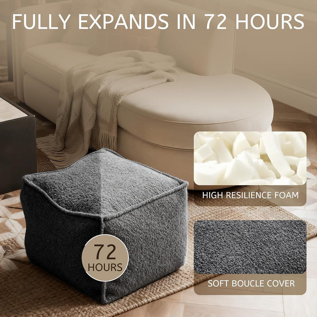 Square Boucle Pouf Ottoman Footrest, Soft & Lightweight Footstool with Foam Filling for Living Room & Bedroom, Laid-Back Lounge Style