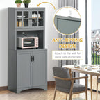 HOMCOM Kitchen Hutch 70" Pantry Cabinet Glass Framed Door Dining Room Gray | Storage Cabinet, Adjustable Shelves, Microwave Space