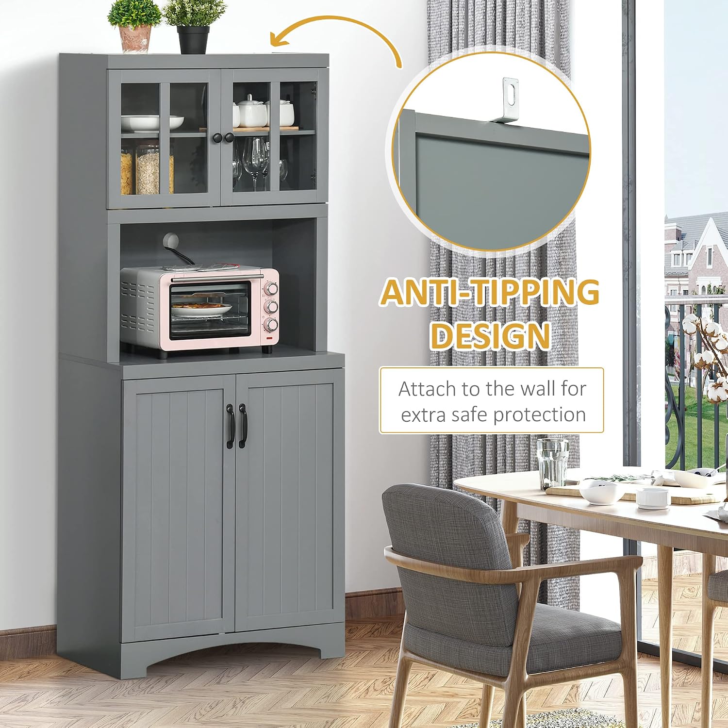HOMCOM Kitchen Hutch 70" Pantry Cabinet Glass Framed Door Dining Room Gray | Storage Cabinet, Adjustable Shelves, Microwave Space