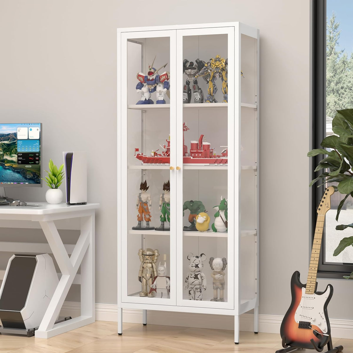 SteeLoong 66" Display Cabinet with Tempered Glass,Metal Curio Cabinet with Glass Doors,4-Tier Display Case for Collectibles,Trophy,Plant,White Storage Cabinets for Living Room - Assemble Required