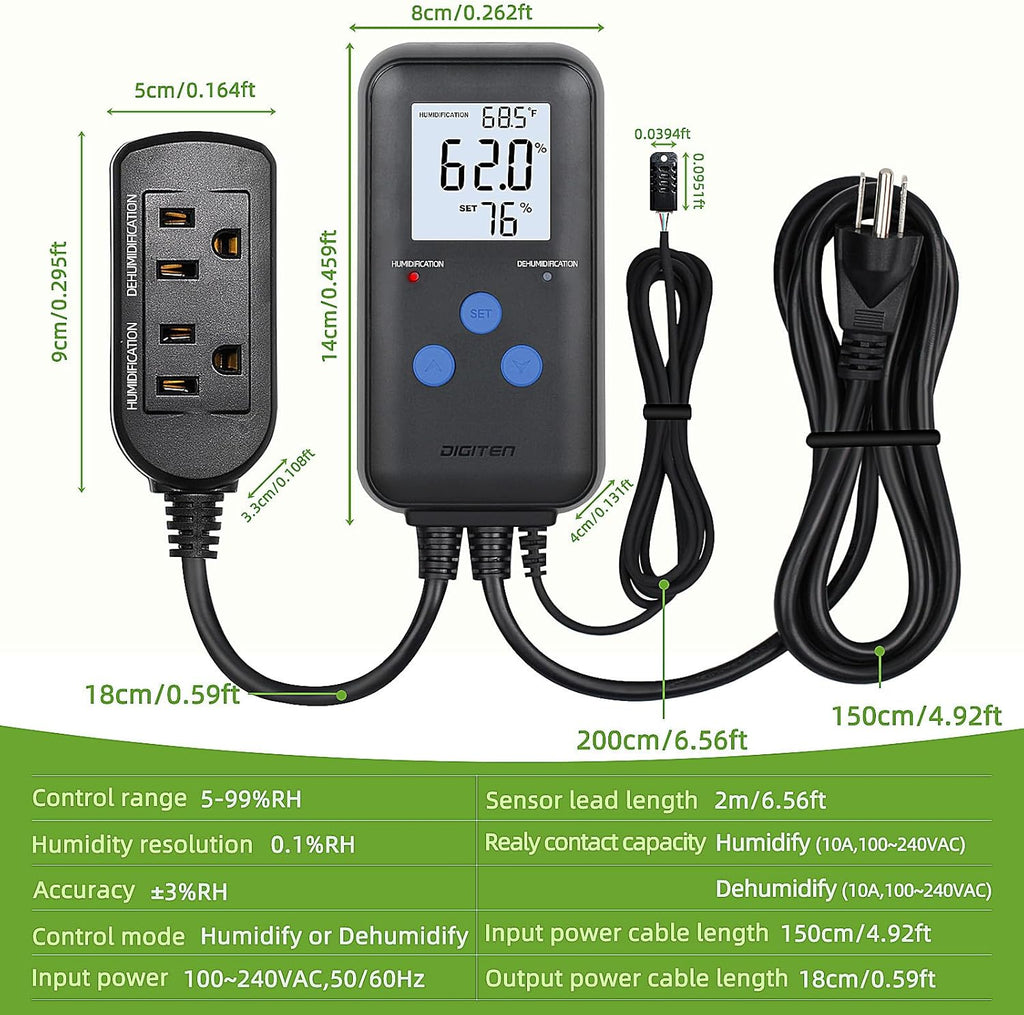 DIGITEN Humidity Controller Pre-Wired Digital Humidistat with Temperature Display, Dual-Stage Outlet Humidifier /Dehumidifier for Mushroom,Reptile, Greenhouse, Fan, Grow Tent