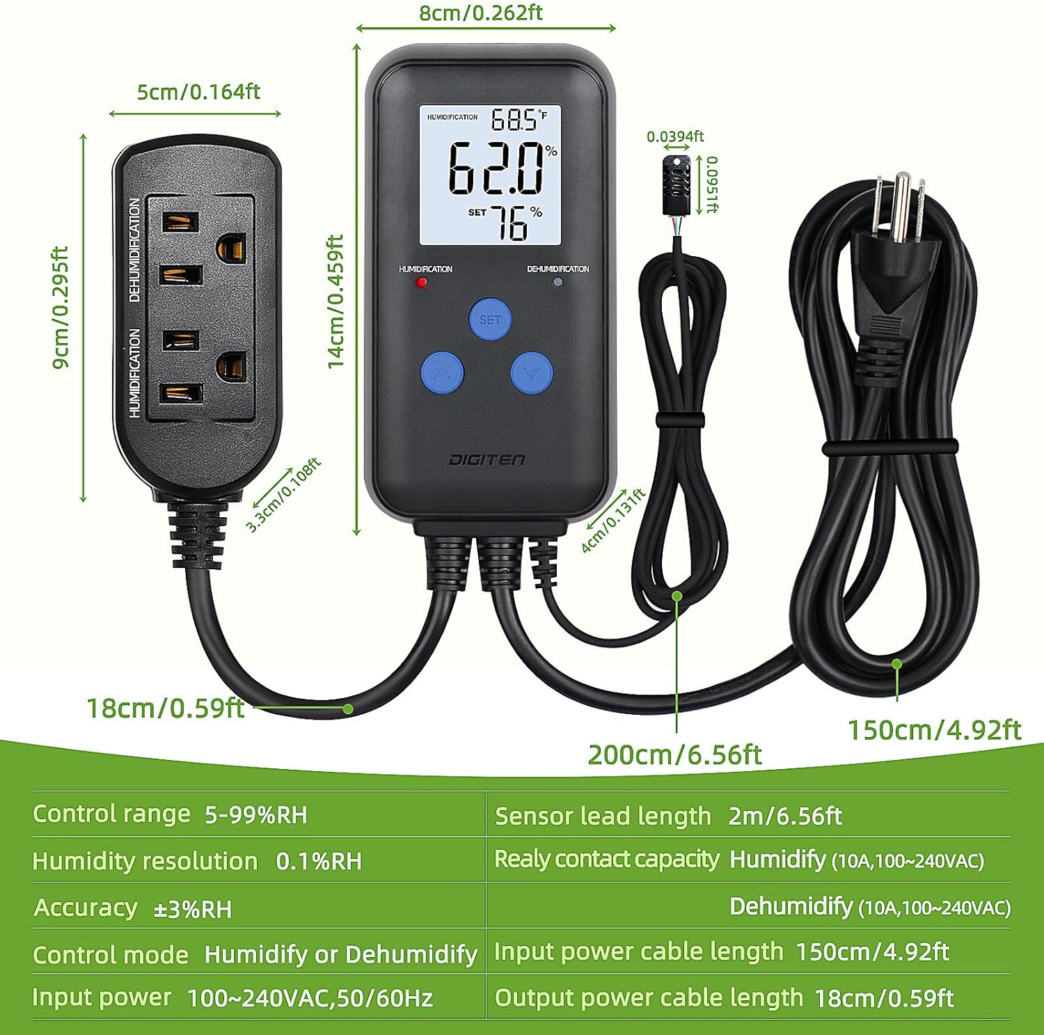 DIGITEN Humidity Controller Pre-Wired Digital Humidistat with Temperature Display, Dual-Stage Outlet Humidifier /Dehumidifier for Mushroom,Reptile, Greenhouse, Fan, Grow Tent
