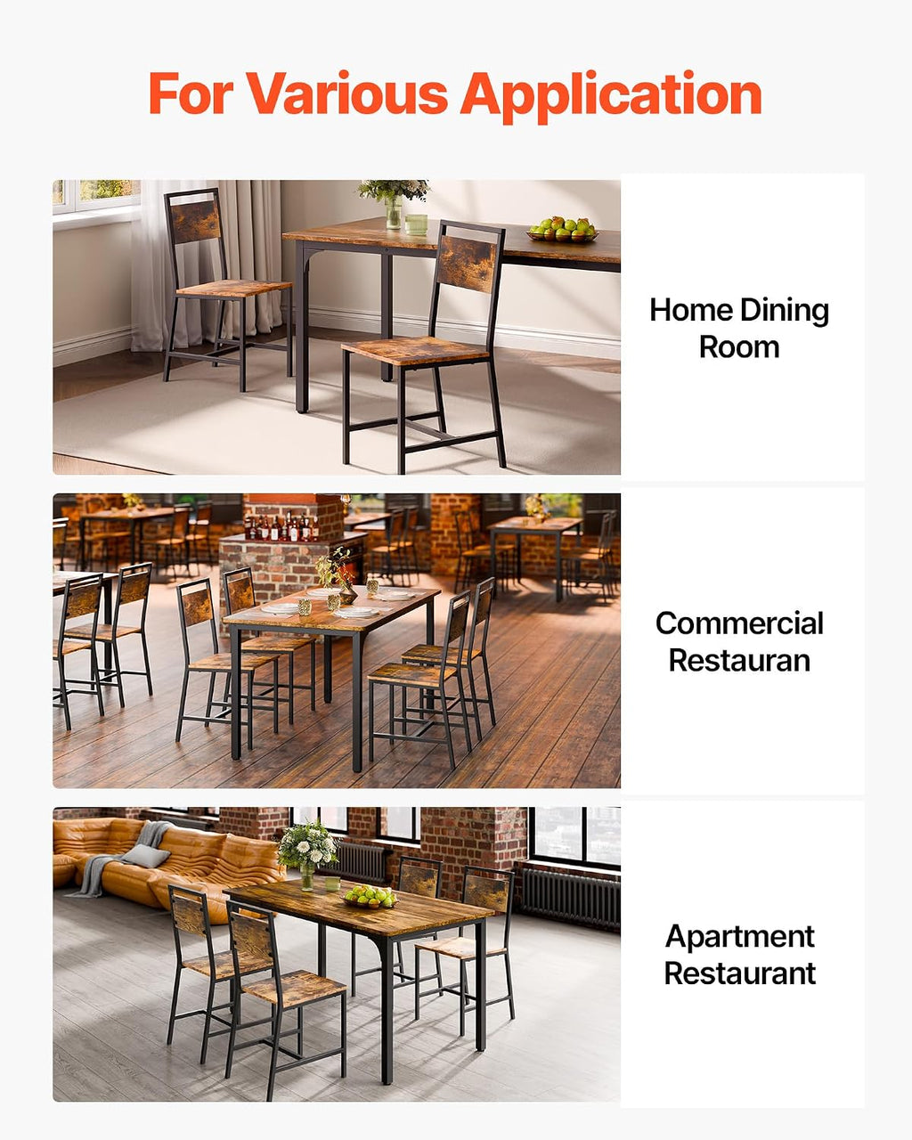 VEVOR Dining Chairs Set of 2, Wooden Chairs with Metal Frame and Backrest, Easy to Assemble Leather Side Chair, Modern Farmhouse Walnut Chair for Kitchen Living Room, Rustic Brown and Black