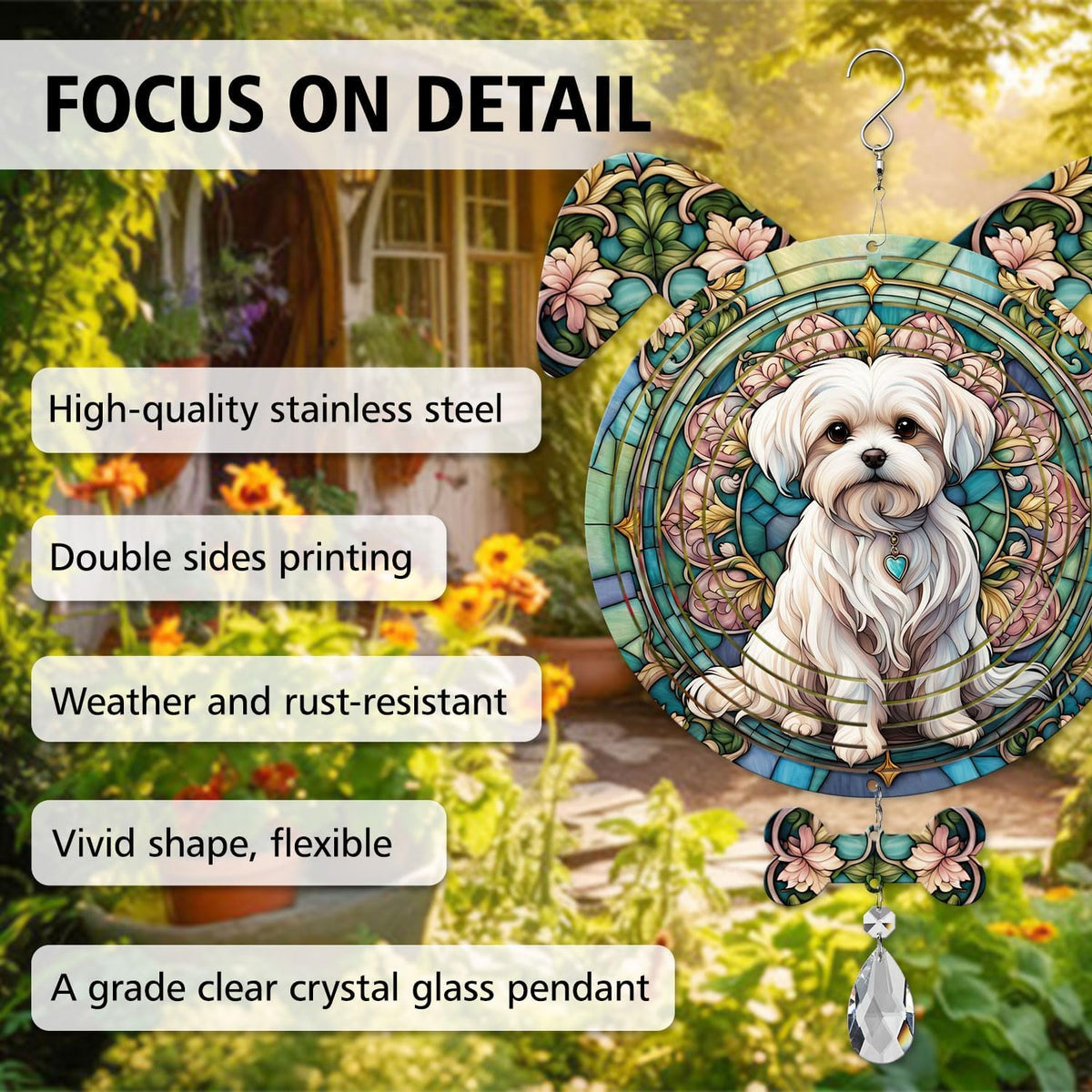 Maltese Dog Ears Wind Spinner, Maltese Wind Spinner Hanging for Yard and Garden V02