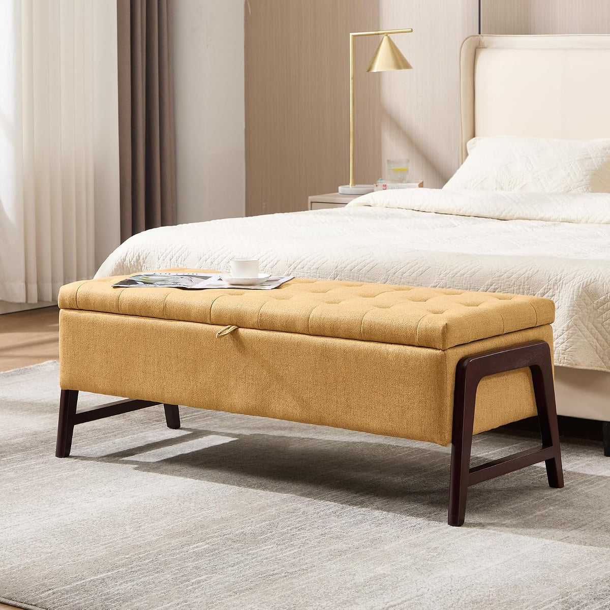 48" Ottoman with Storage,Storage Ottoman Bench with Hinge, Upholstered Entryway Bench with Seating for Bedroom, Living Room,Yellow