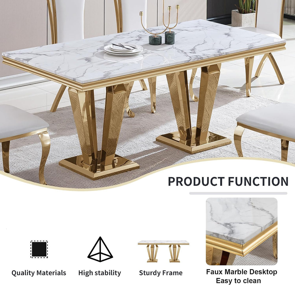 7 Piece Marble Dining Table Set for 6, Luxury Gold Kitchen Table and Chairs Set of 6, 68" White Marble Pedestal Dining Room Table with 6 PU Leather Chairs for Kitchen Dinette Furniture
