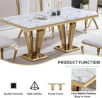 7 Piece Marble Dining Table Set for 6, Luxury Gold Kitchen Table and Chairs Set of 6, 68" White Marble Pedestal Dining Room Table with 6 PU Leather Chairs for Kitchen Dinette Furniture