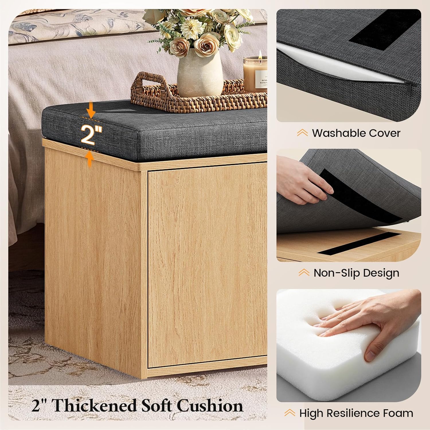 59" Storage Bench with Drawer, 2-Tier Shoe Bench with Doors, Long Entryway Bench, Thickened Cushion, Adjustable Shelf, Fluted Design for Entryway, Bedroom, Living Room, Natural