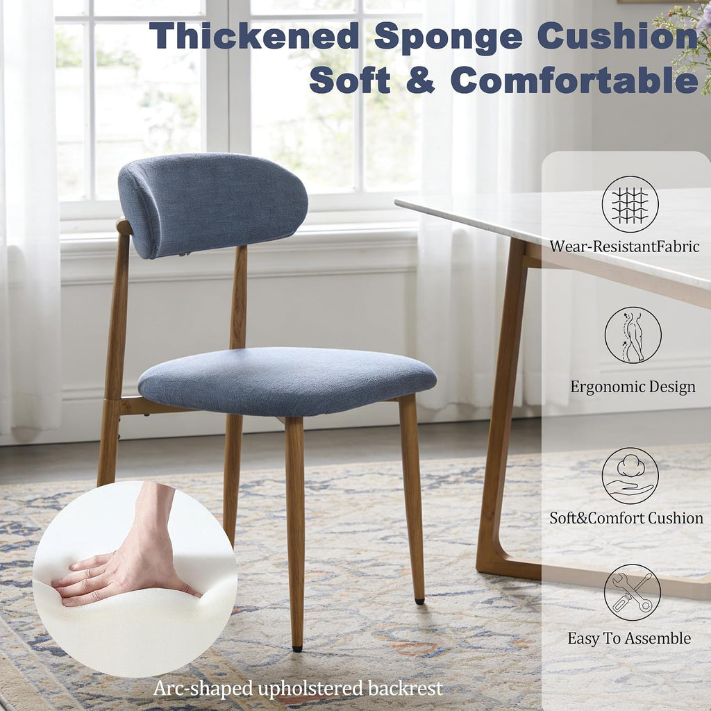 FREKEN Modern Upholstered Dining Chairs Set of 6, Mid-Century Metal Frame with Wood Grain, Linen Fabric Side Chair for Kitchen Dining Room, 350lbs Capacity, Blue