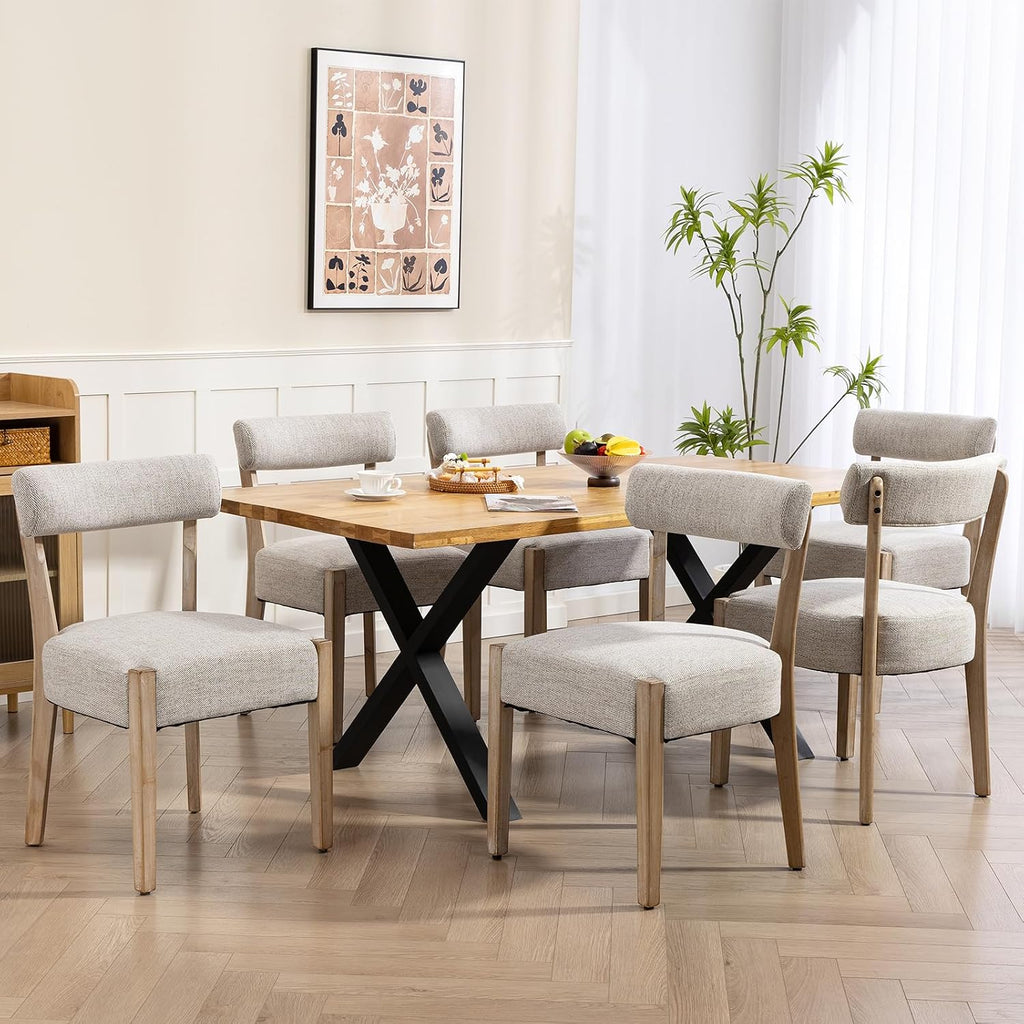 ZJhome Dining Chairs,Set of 6 Mid-Century Modern Wooden Kitchen Chairs with Linen Upholstery - Low-Back Woven Design for Kitchen & Dining Room,Oatmeal Fabric