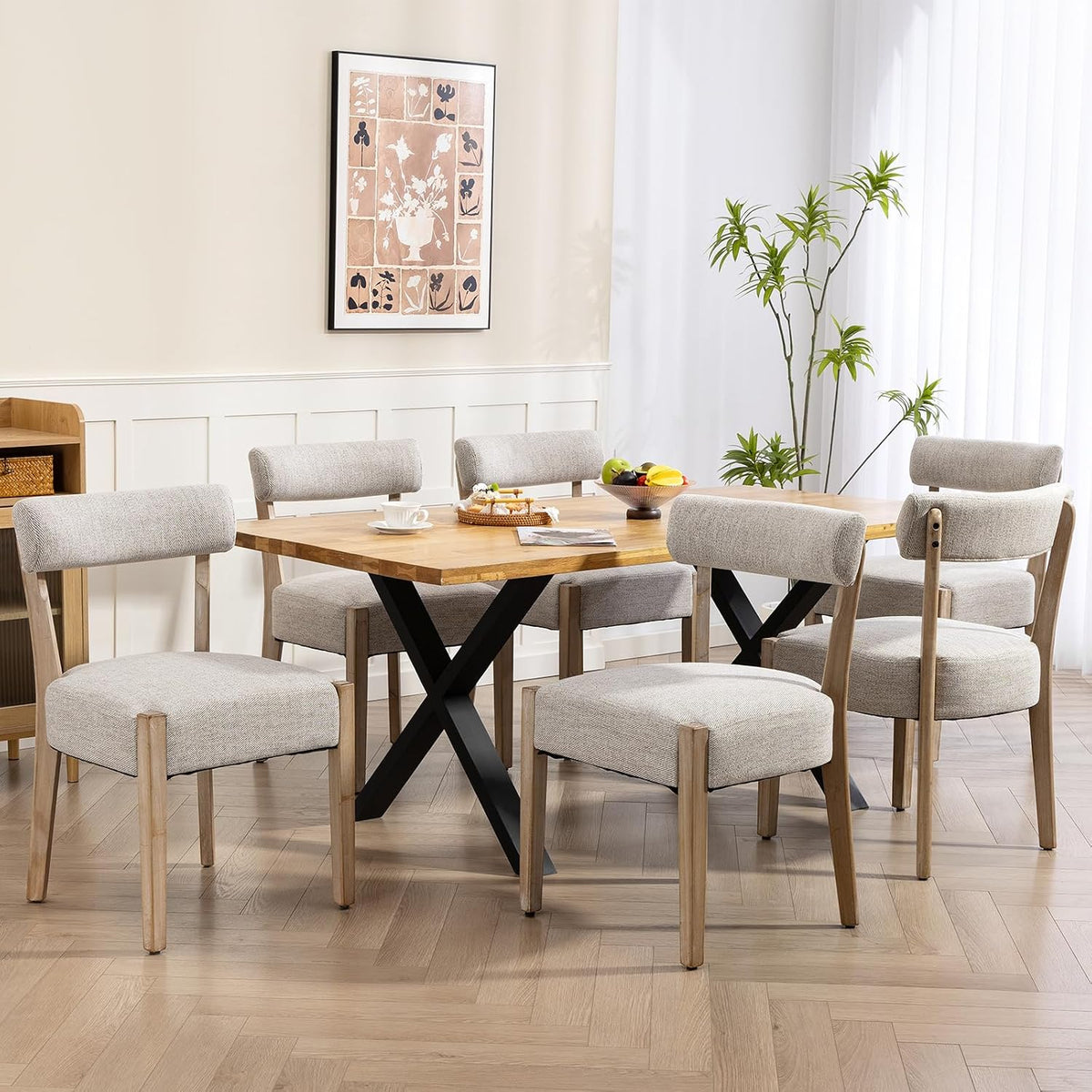 ZJhome Dining Chairs,Set of 6 Mid-Century Modern Wooden Kitchen Chairs with Linen Upholstery - Low-Back Woven Design for Kitchen & Dining Room,Oatmeal Fabric