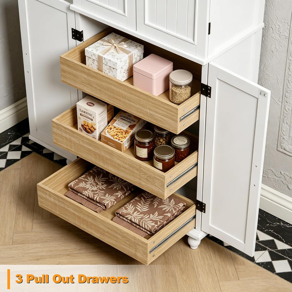 Scurrty Kitchen Pantry Cabinet, 69'' Pantry Storage Cabinet with 4 Doors and Shelves, Farmhouse Kitchen Cabinet with 3 Drawers, Freestanding Wooden Cupboard for Living Room and Dinning Room (White)