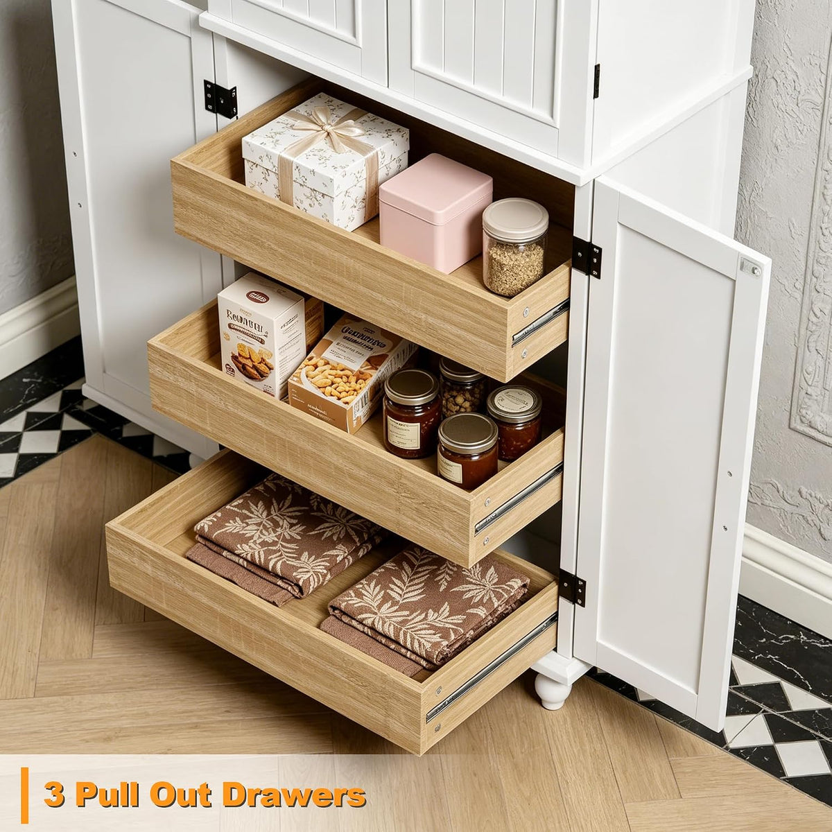 Scurrty Kitchen Pantry Cabinet, 69'' Pantry Storage Cabinet with 4 Doors and Shelves, Farmhouse Kitchen Cabinet with 3 Drawers, Freestanding Wooden Cupboard for Living Room and Dinning Room (White)
