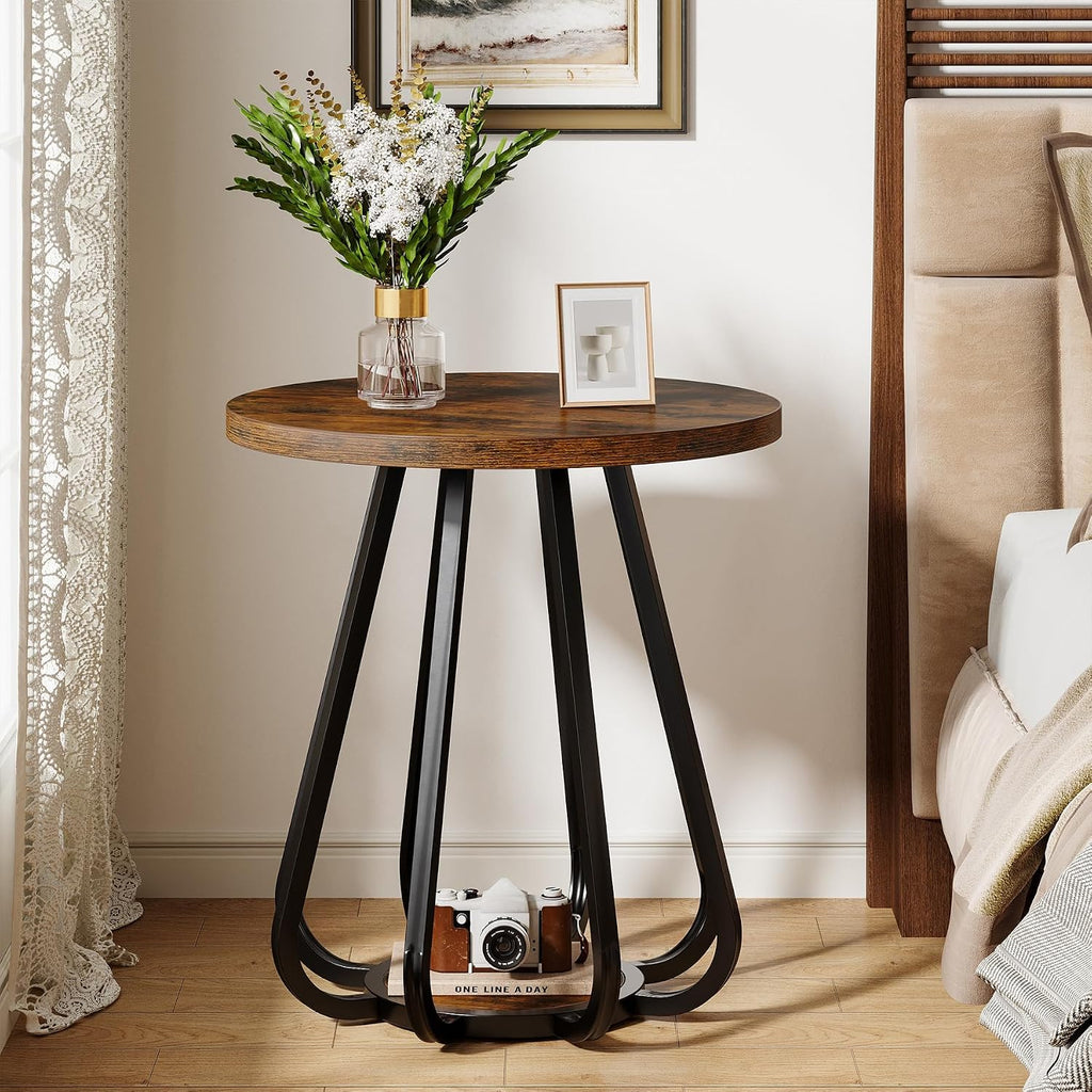 Tribesigns Round End Table with Storage, 2-Tier Side Table with Metal Frame and Lower Shelf, Small Accent Table Nightstand for Living Room, Bedroom, Small Spaces, Vintage Brown & Black