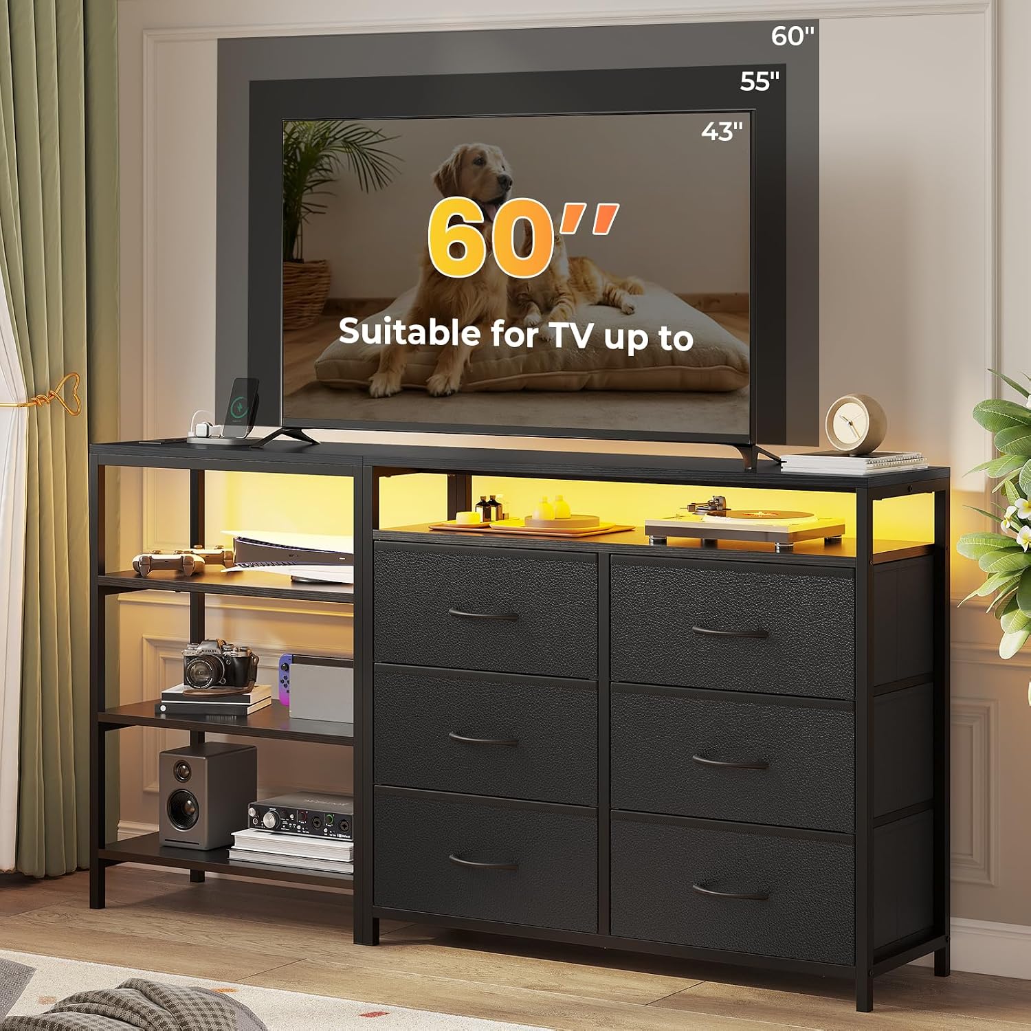 HAUOMS TV Stand for 60 Inch TV,LED Entertainment Center,Black | L Shaped Convertible Dresser with with Power Outlets & Open Shelf,6 Drawers with PU Finish,for Living Room,Bedroom