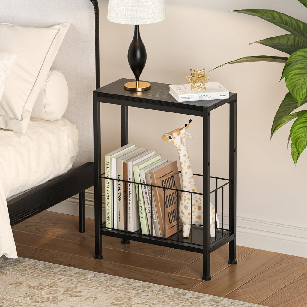 Narrow Side Table, Skinny End Tables with Magazine Holder, Small Sofa Table for Small Spaces, Space-Saving Design, Slim Nightstand Bedside Table for Living Room, Bedroom, Office, Black