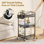 YASONIC 3 Tier Rolling Cart – Metal Utility Storage Carts with Wheels, Craft Cart Organizer with Hanging Cups, Hooks, Mesh Basket for Bedside Kitchen Office Art, Black