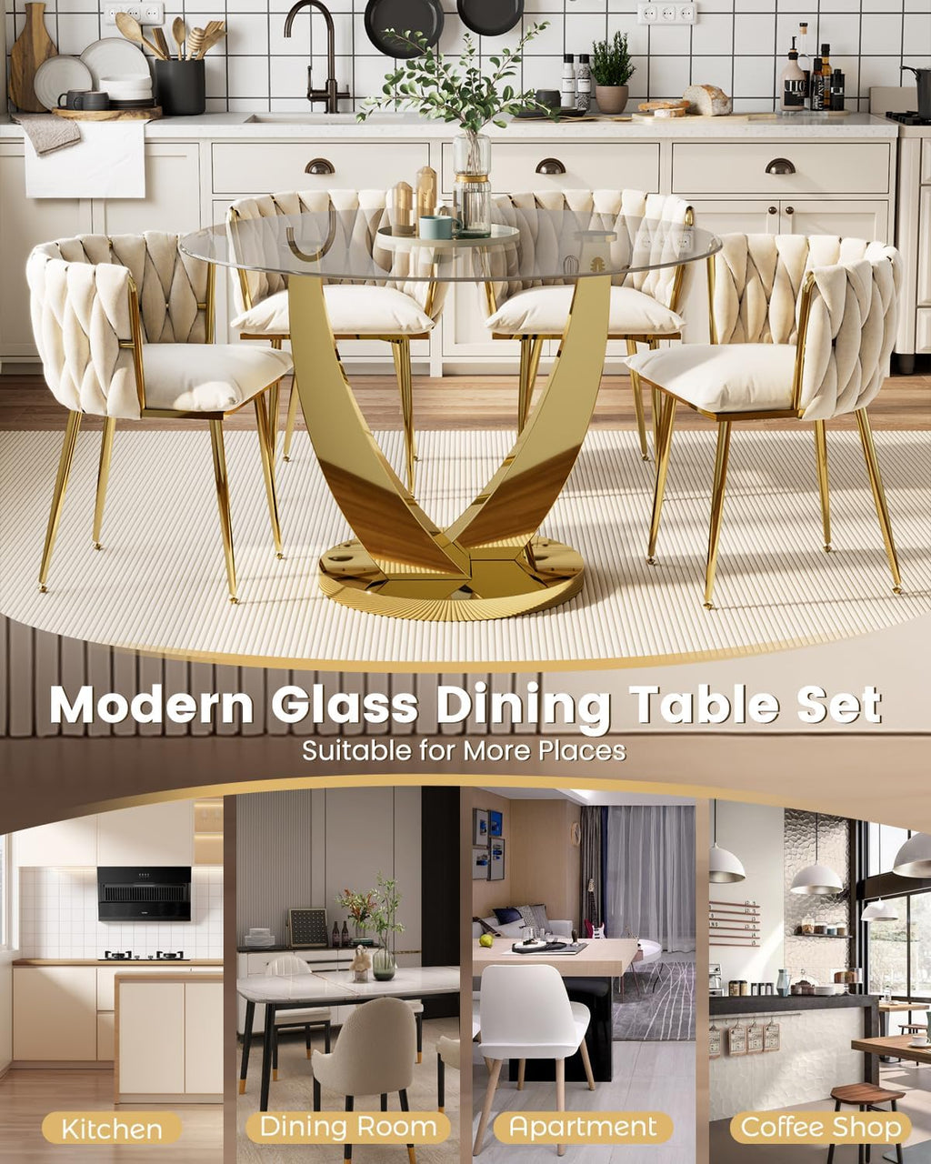 47.2" Round Glass Dining Table Set for 4, Modern Kitchen Table with 4 Upholstered Velvet Chairs, Tempered Glass Top with Golden Steel Base, 5 Pieces Dining Table Set for Small Space - Beige