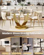 47.2" Round Glass Dining Table Set for 4, Modern Kitchen Table with 4 Upholstered Velvet Chairs, Tempered Glass Top with Golden Steel Base, 5 Pieces Dining Table Set for Small Space - Beige