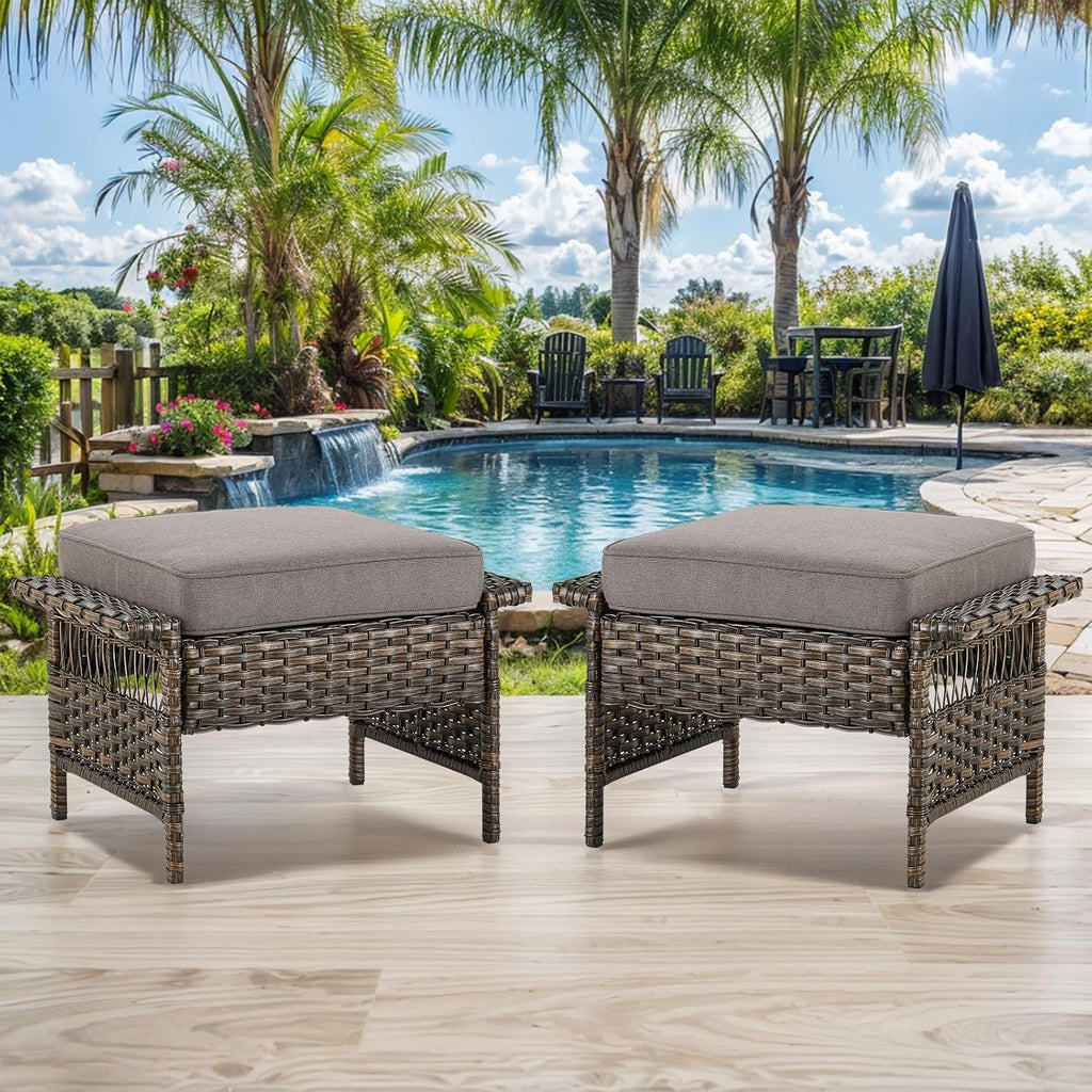 Patio Ottomans 2 Piece Outdoor Wicker Ottomans PE Rattan Footrest with Thickened Cushions Footstools for Garden Sunroom Deck Porch Balcony Poolside, Ottomans(2PCS), Brown|Grey