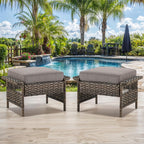 Patio Ottomans 2 Piece Outdoor Wicker Ottomans PE Rattan Footrest with Thickened Cushions Footstools for Garden Sunroom Deck Porch Balcony Poolside, Ottomans(2PCS), Brown|Grey