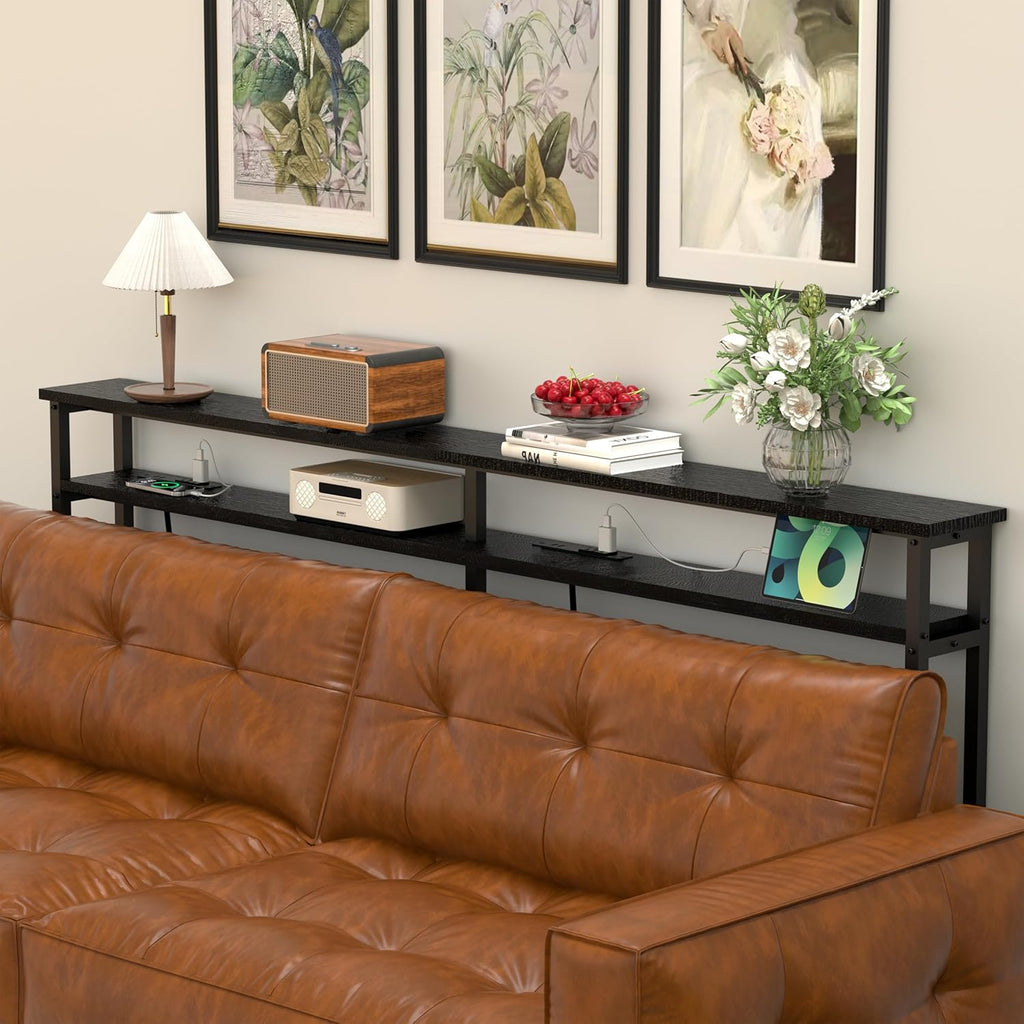 Keelian 70 Inch Double-Layer Narrow Console Sofa Table with 2 Power Outlets &4 AC Plugs&4 USB Ports, 4.9' Extension Cord Included, Behind Couch Table for Living Room/Office Easy Assembly - Black
