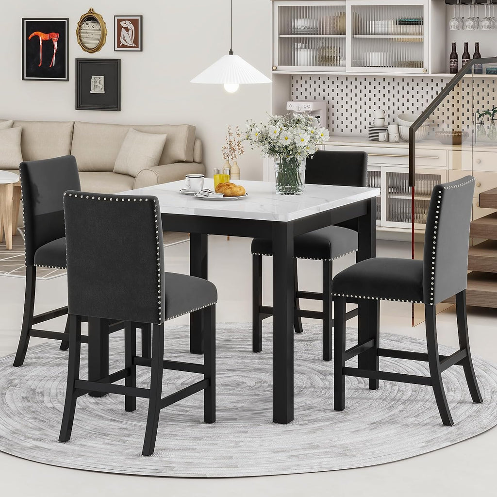 Merax Dining Table Set, 5 Piece Counter Height Dining Table Set with Faux Marble Dining Table and 4 Upholstered-Seat Chairs, Dining Room Table Set for Kitchen/Living Room, Black
