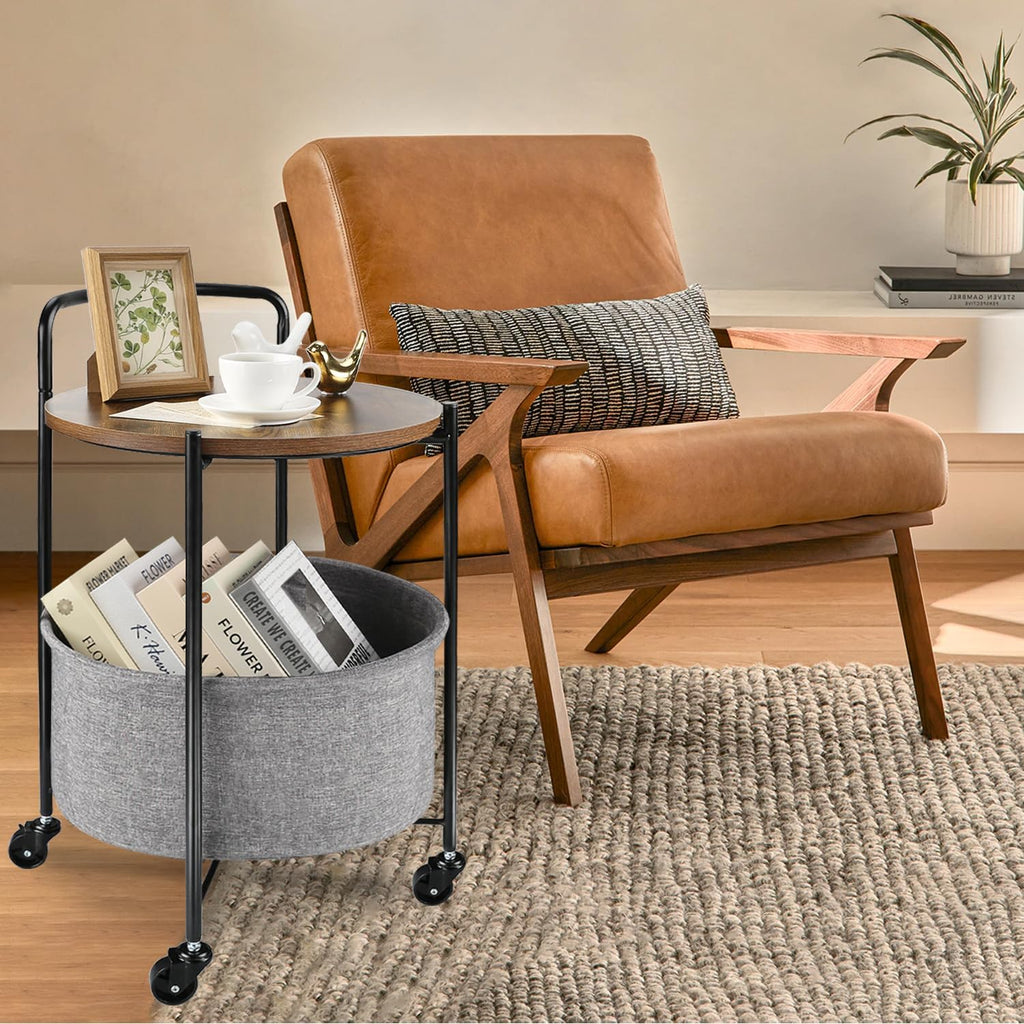 Rolling Round Metal Side Table,2-Tier Storage Side Table with Wheels,End Coffee Table with Steel Frame and Fabric Storage Basket,Cart Side Table Tray for Living Room,Bedroom,Wood Black