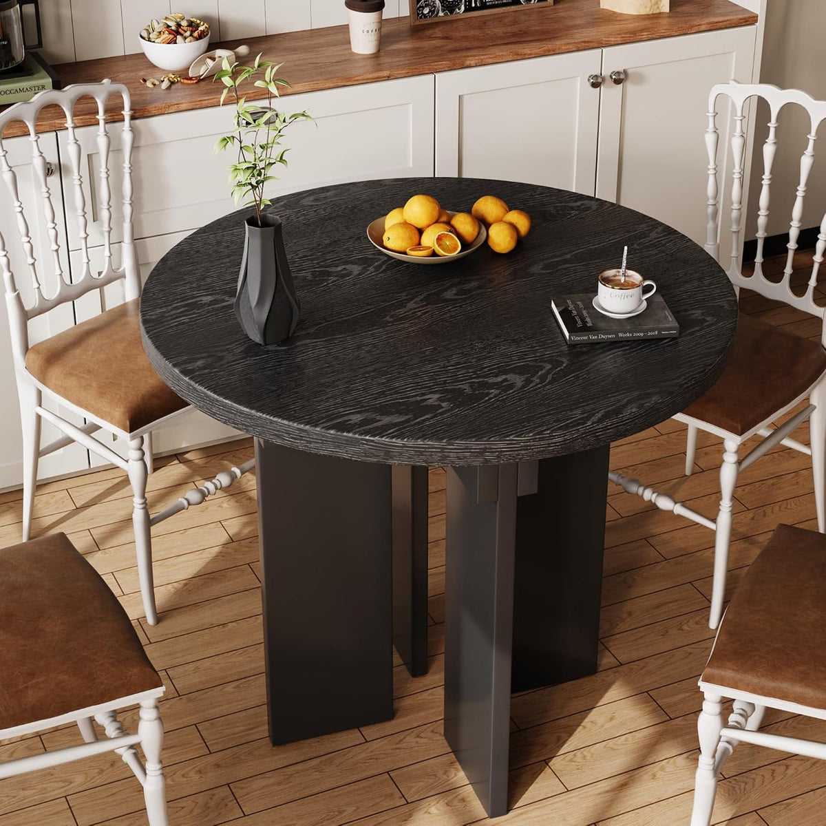 35.4" Round Dining Table for 4, Modern Wood Kitchen Table with 4 Sturdy Table Legs Farmhouse Circle Dinner Tables for Leisure, Coffee, Kitchen, Dining Room φ35.4" x 29.9"H, Black
