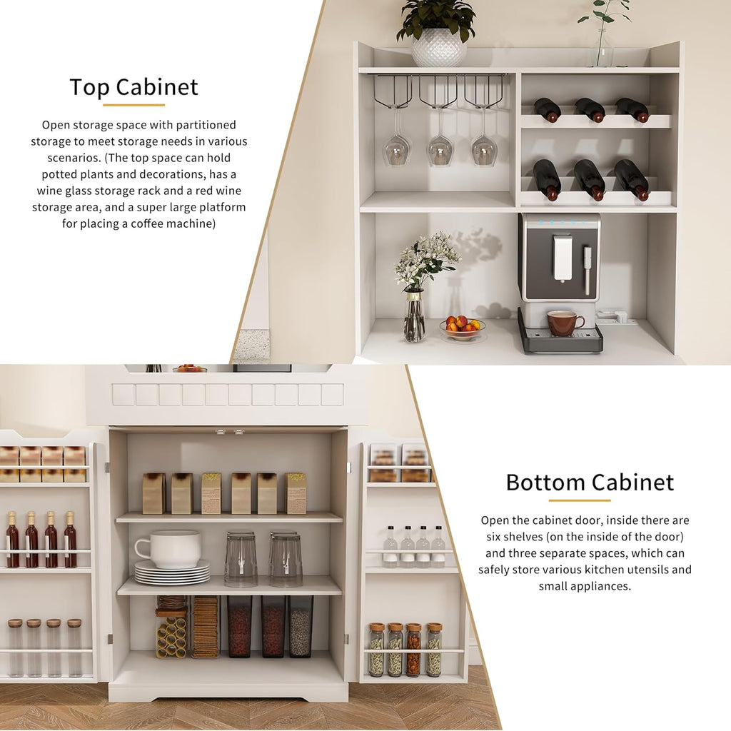 70.8" Tall Pantry Cabinet with Hutch, Sideboard Storage Cabinet with Drawer for Dining Room, Living Room, Wine Bar Cabinet for Liquor and Glasses for Coffee Bar, White