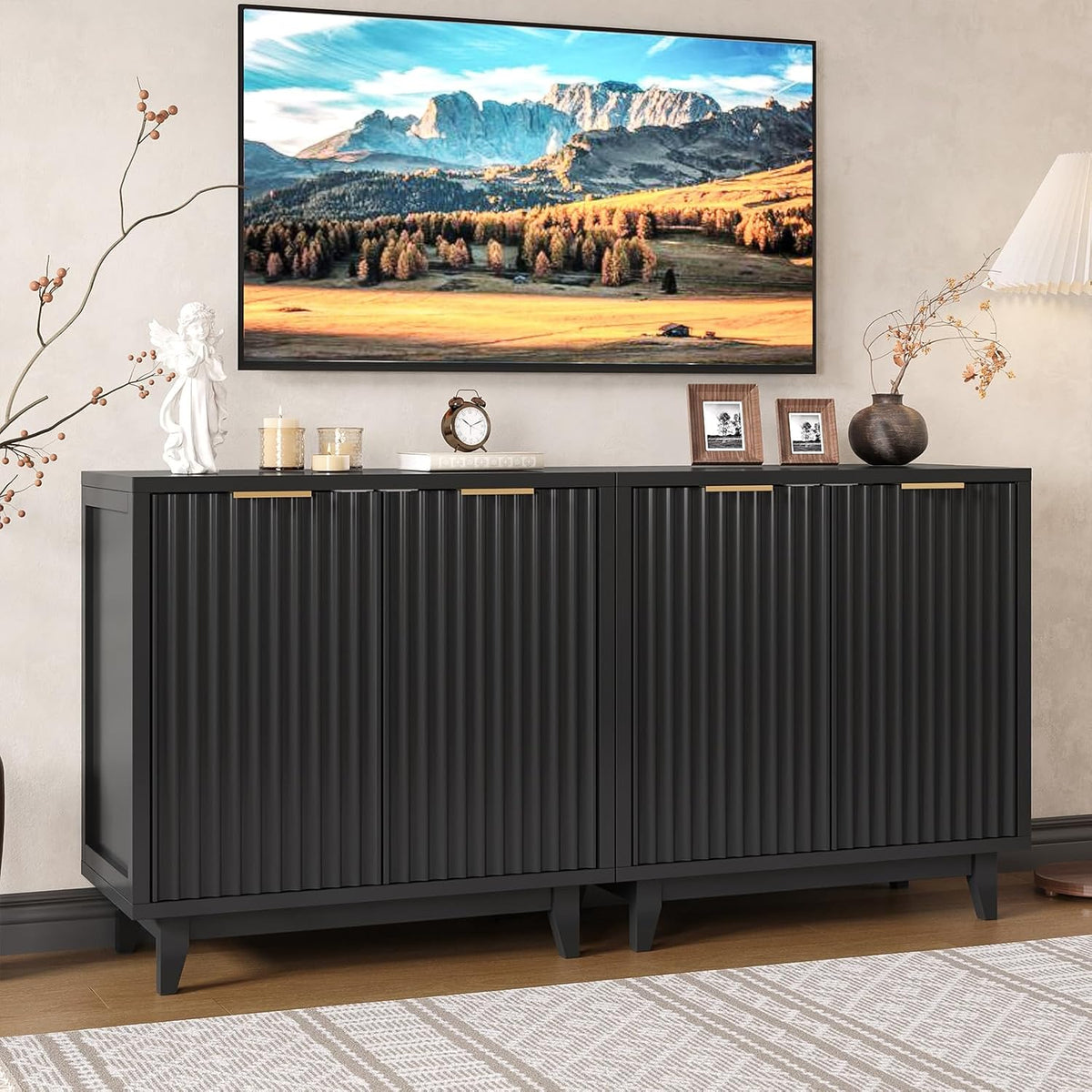 Vabches Modern Fluted Buffet Cabinet with Storage, 31.5" W Sideboard with Solid Wood Legs and Adjustable Shelf, Black Accent Cabinet for Kitchen, Living Room