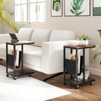 Giantex C Shaped End Table with Rolling Wheels, Sofa Side Table with Magazine Storage Holder & Metal Frame, Mobile TV Tray Table for Small Space Living Room, 16" L x 11" W x 23" H, Rustic Brown