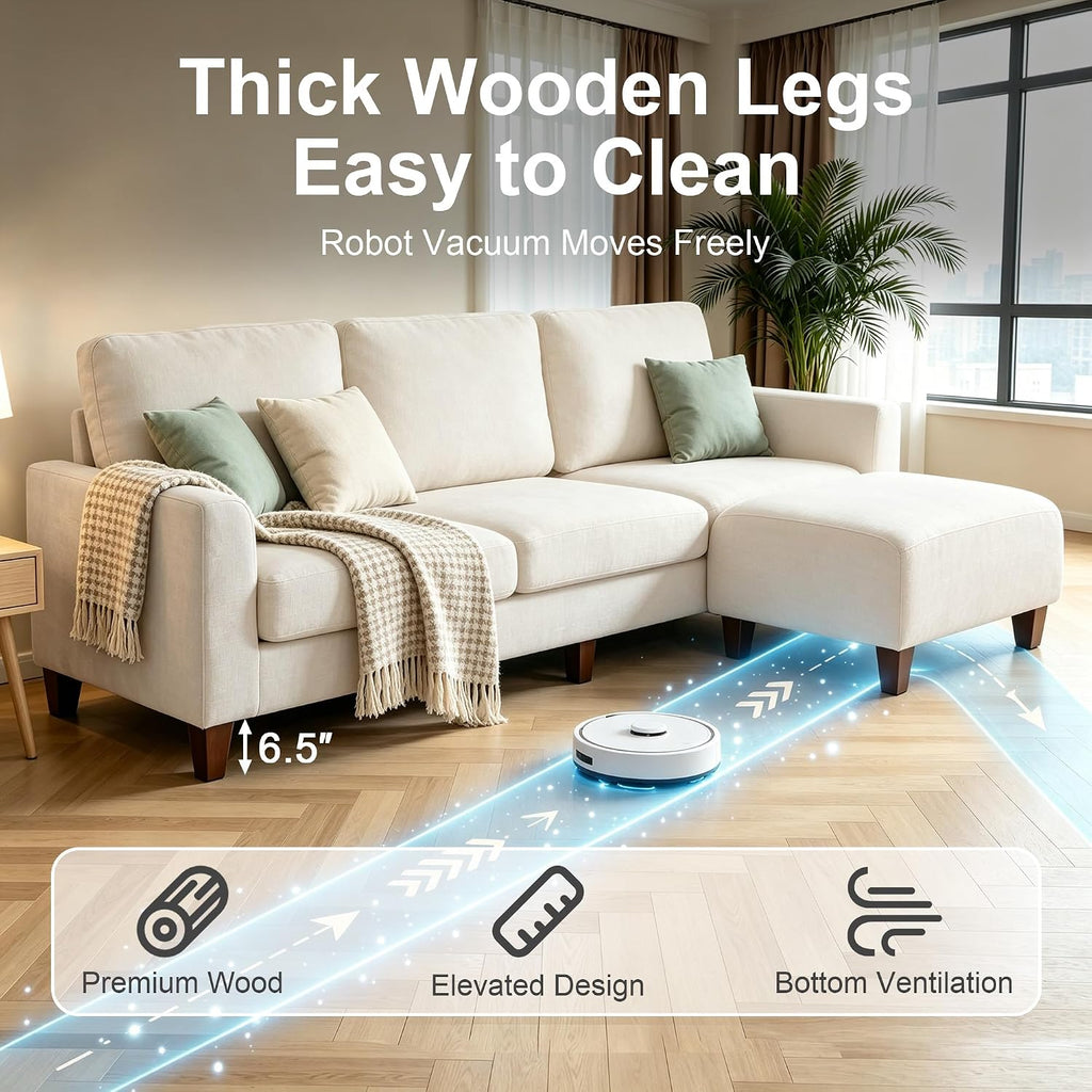 L Shaped Sectional Couch for Living Room, Modular Small Sofa with Ottoman | 96 Inch, 3 Deep Seats, White, Chenille, Easy Tool-Free Assembly, Modern Compact Sofa Set for Apartment, Office, Small Space