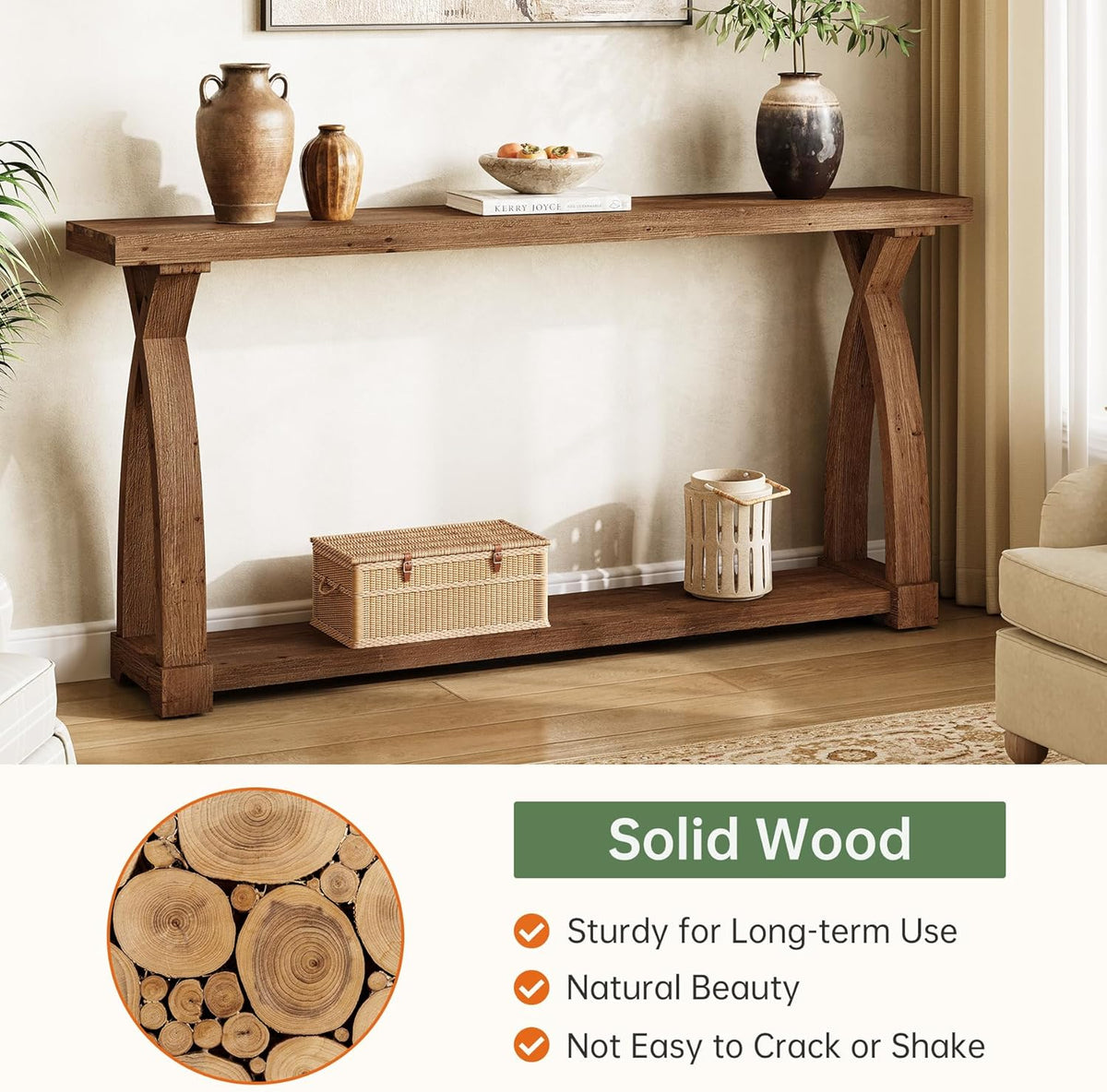 Solid Wood Console Table for Entryway, 63-Inch Narrow Farmhouse Couch Table Behind Sofa with 2-Tier Storage for Entrance, Foyer, Living Room, Long, Dark Brown